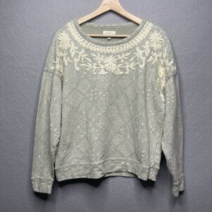 Lucky Brand Novelty Mint Pullover Sweater Women's S Floral Stretch Knit